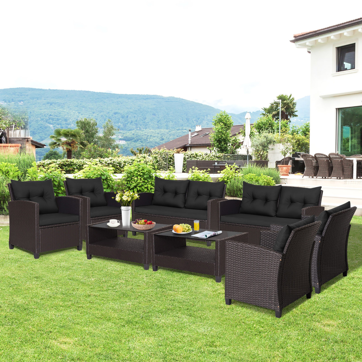 8PCS Outdoor Conversation Set Patio PE Rattan Set W/ Glass Table & Sofa Cushions - Black