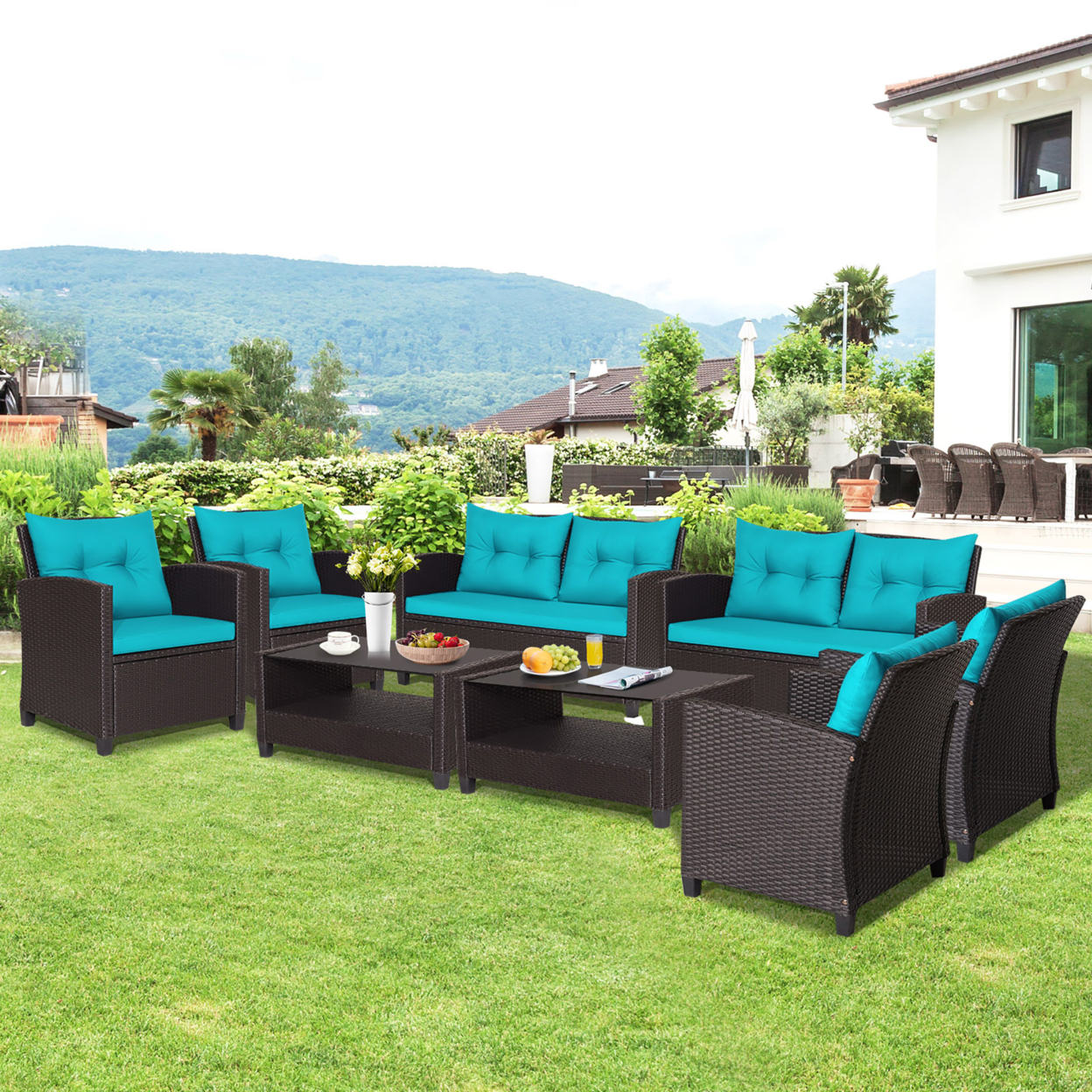 8PCS Outdoor Conversation Set Patio PE Rattan Set W/ Glass Table & Sofa Cushions - Turquoise