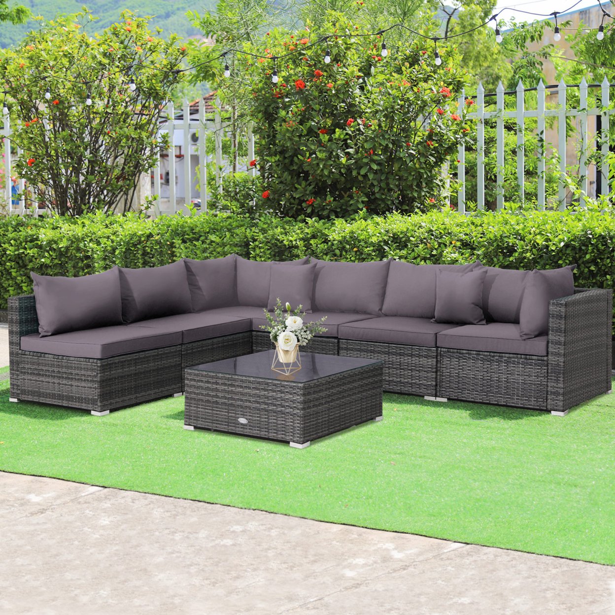 7PCS Patio Rattan Sectional Sofa Set Outdoor Furniture Set W/ Cushions - Grey