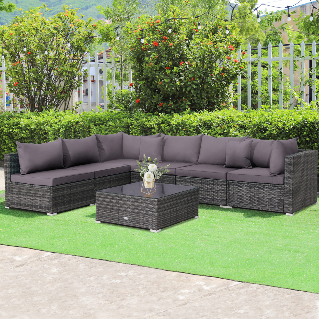 7PCS Patio Rattan Sectional Sofa Set Outdoor Furniture Set W/ Cushions - Turquoise