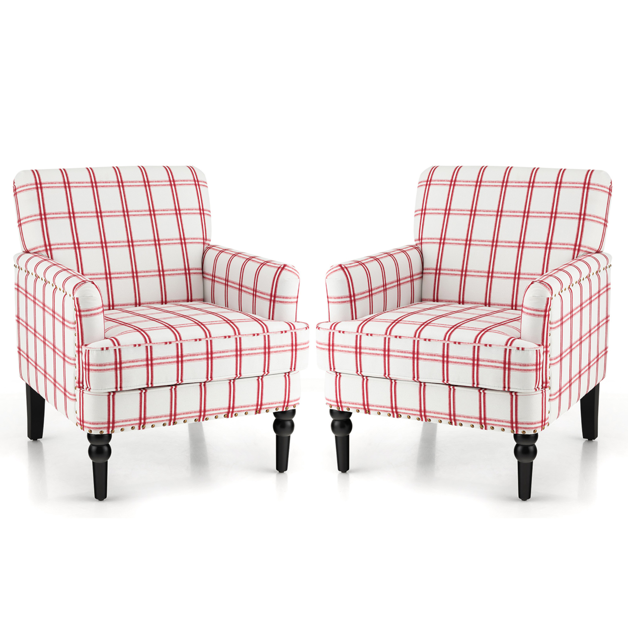 Set Of 2 Modern Accent Chair Upholstered Sofa Chair W/ Rubber Wood Legs - Red Checkerboard