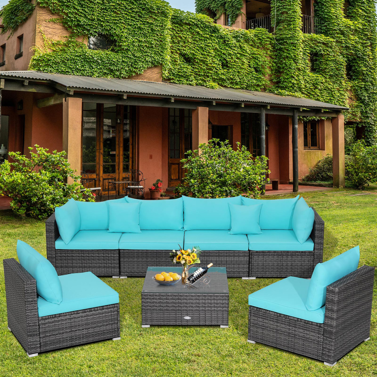 7PCS Patio Rattan Sectional Sofa Set Outdoor Furniture Set W/ Cushions - Turquoise