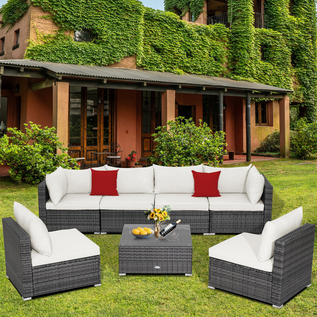 7PCS Patio Rattan Sectional Sofa Set Outdoor Furniture Set W/ Cushions - Off White