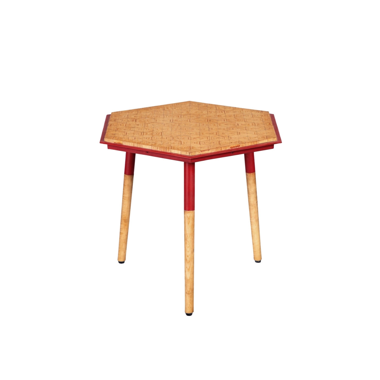 Paige 18 Inch Hexagon Illusion Wood Side Table, Brown, Red- Saltoro Sherpi