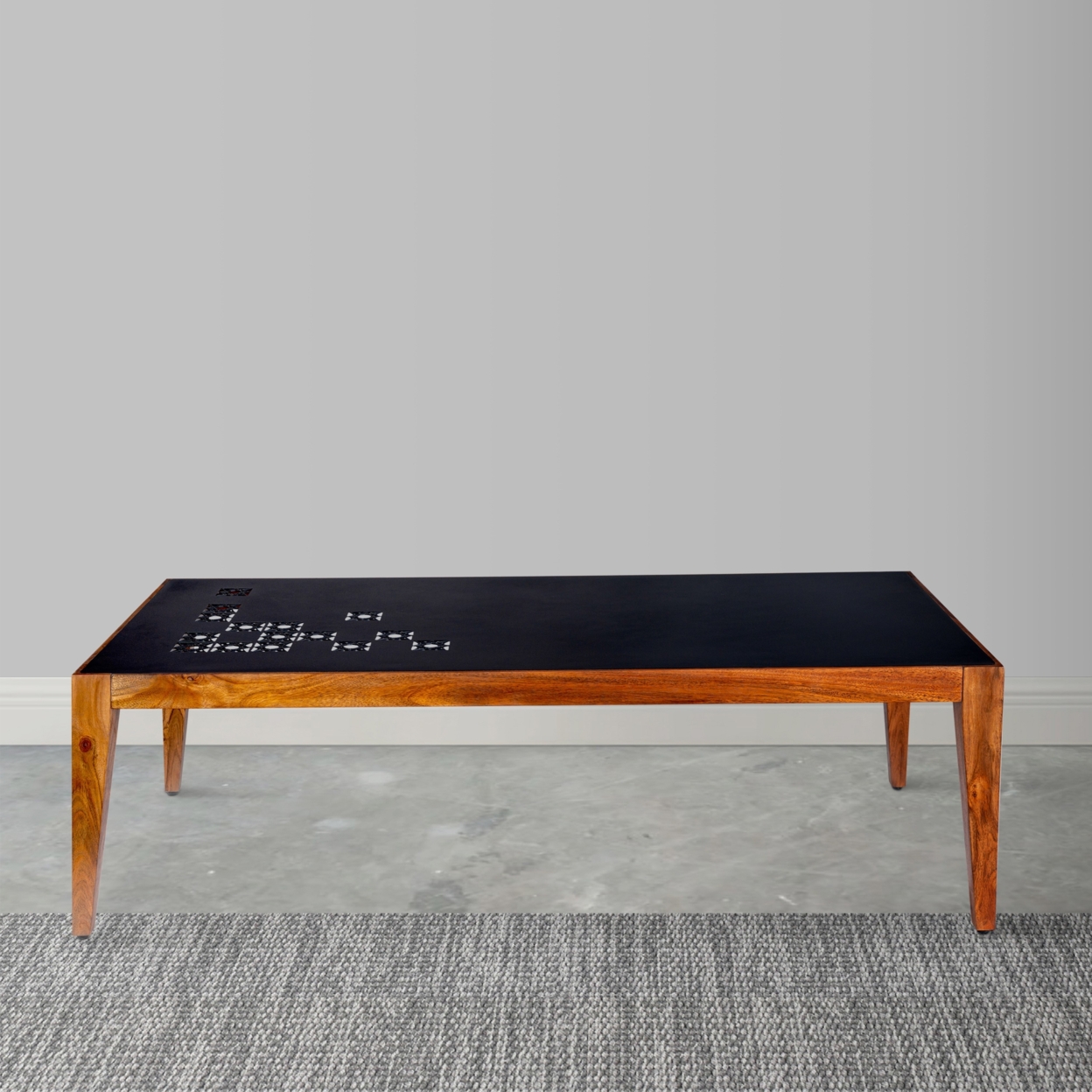 Alba 47 Inch Rectangular Metal Top Coffee Table With Laser Cut Design, Black And Brown- Saltoro Sherpi