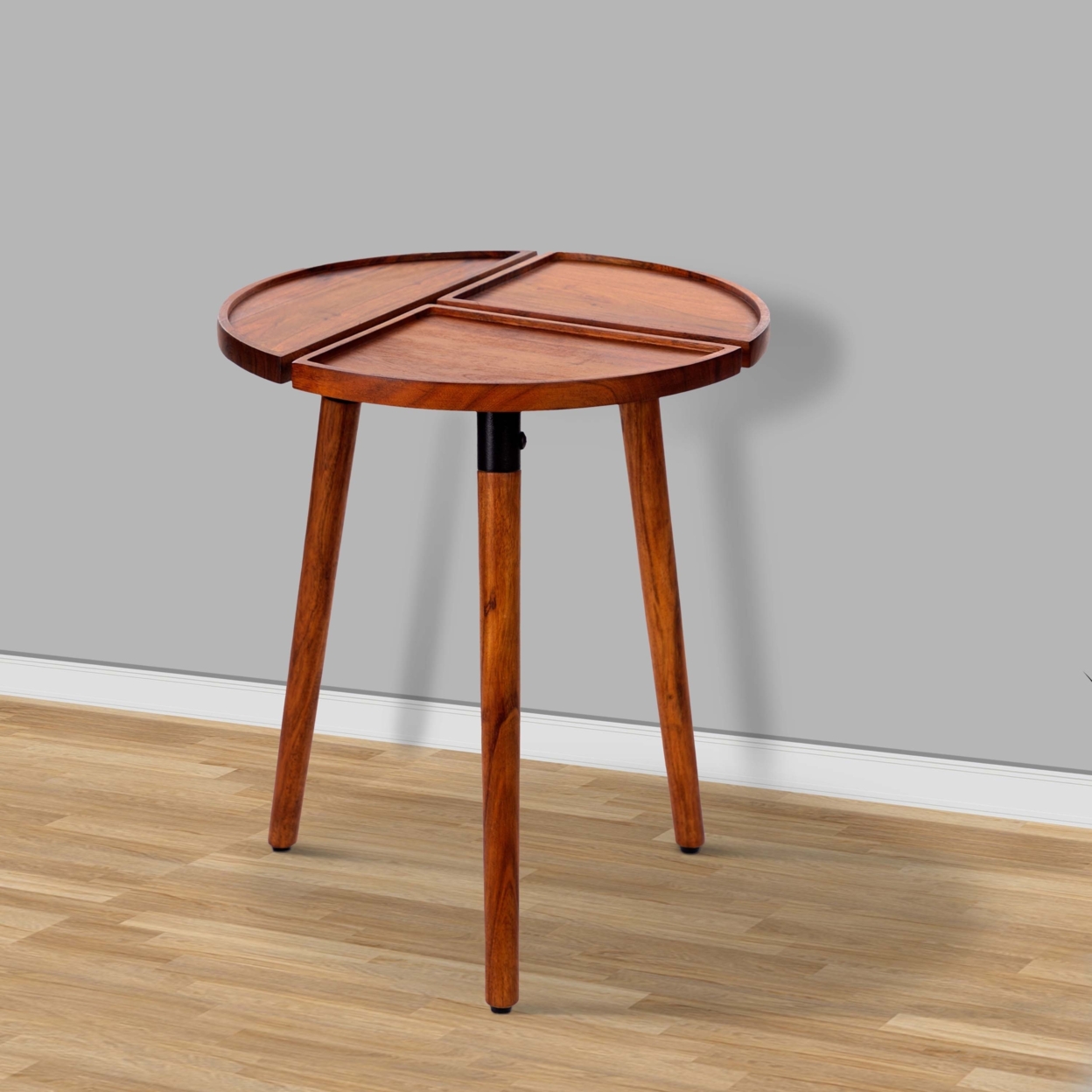 18 Inch Round Acacia Wood Side Accent End Table With 3 Tabletop Sections, Warm Brown- Saltoro Sherpi