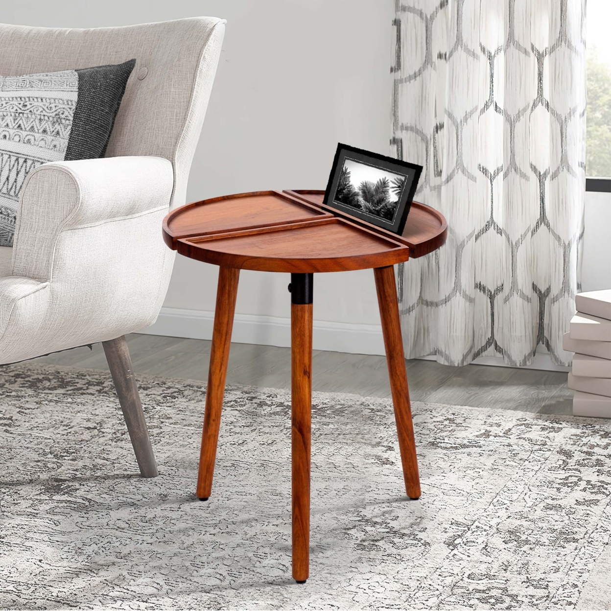 18 Inch Round Acacia Wood Side Accent End Table With 3 Tabletop Sections, Warm Brown- Saltoro Sherpi