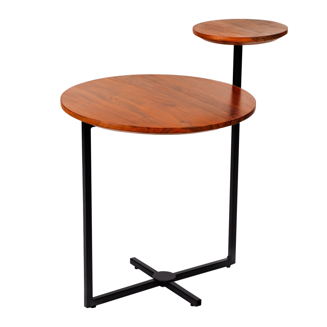 Geo Collection 21 Inch Round Acacia Wood Accent End Table With 2 Tier Tabletops, Brown, Black- Saltoro Sherpi