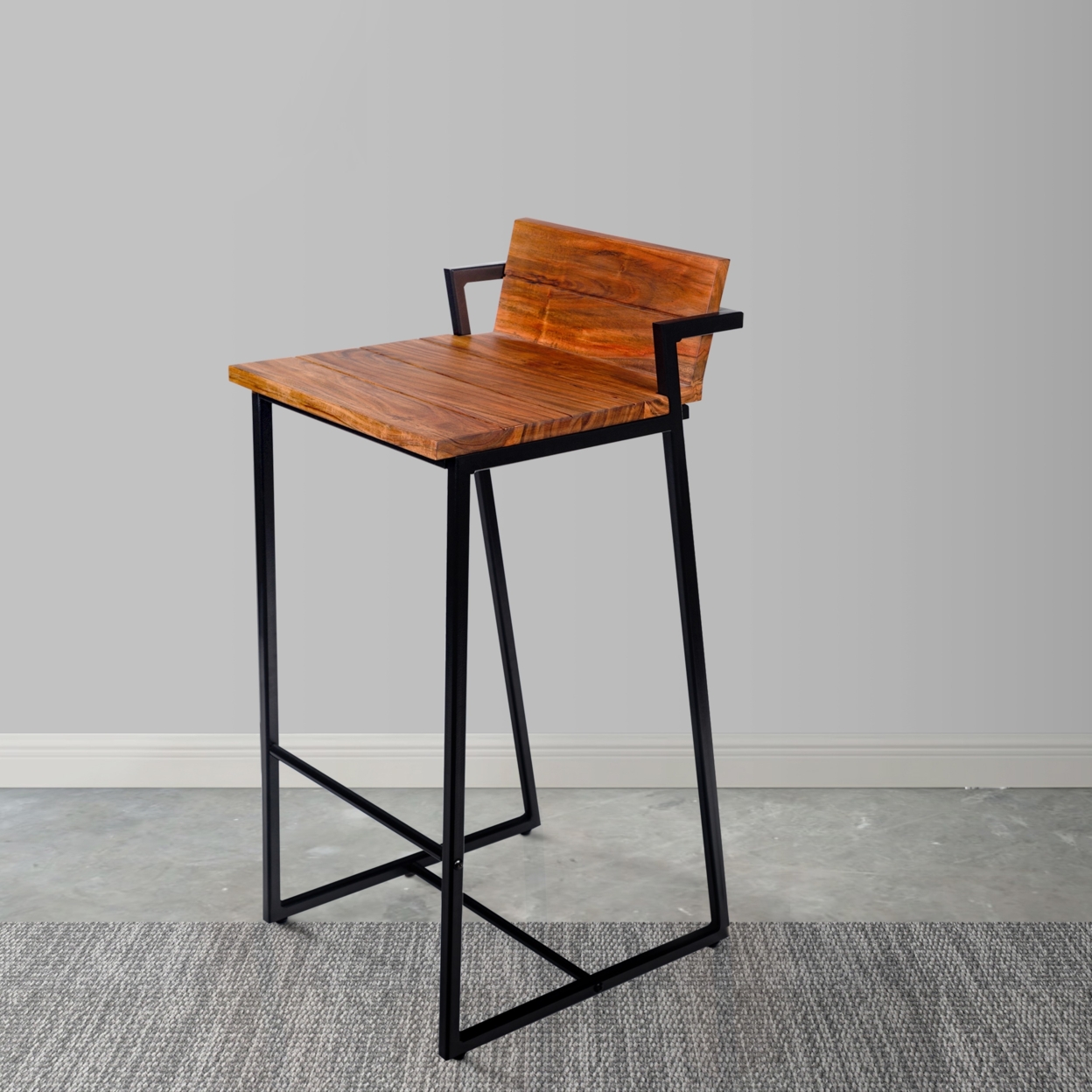 30 Inch Industrial Style Acacia Wood Barstool With Metal Frame, Brown And Black- Saltoro Sherpi