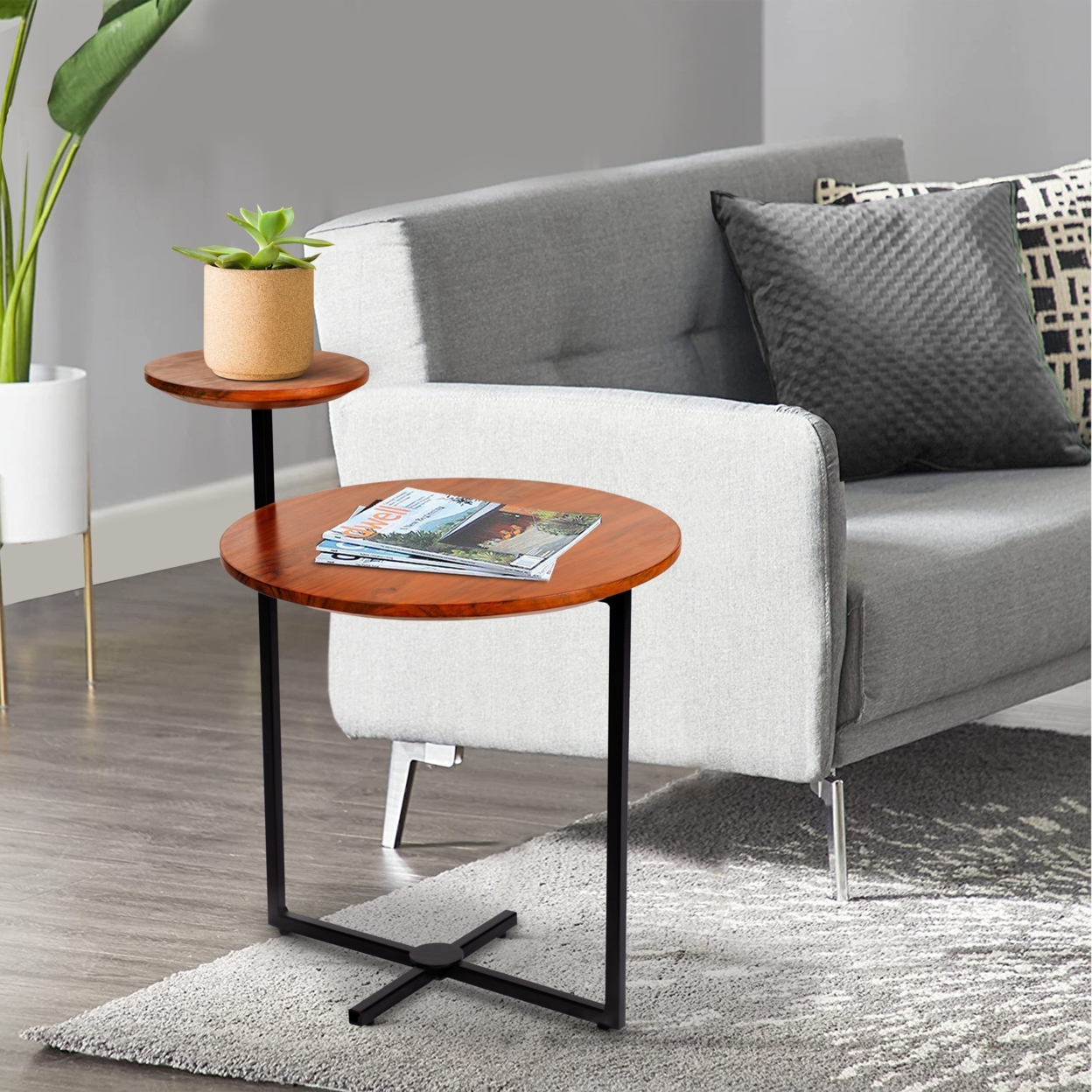 Geo Collection 21 Inch Round Acacia Wood Accent End Table With 2 Tier Tabletops, Brown, Black- Saltoro Sherpi