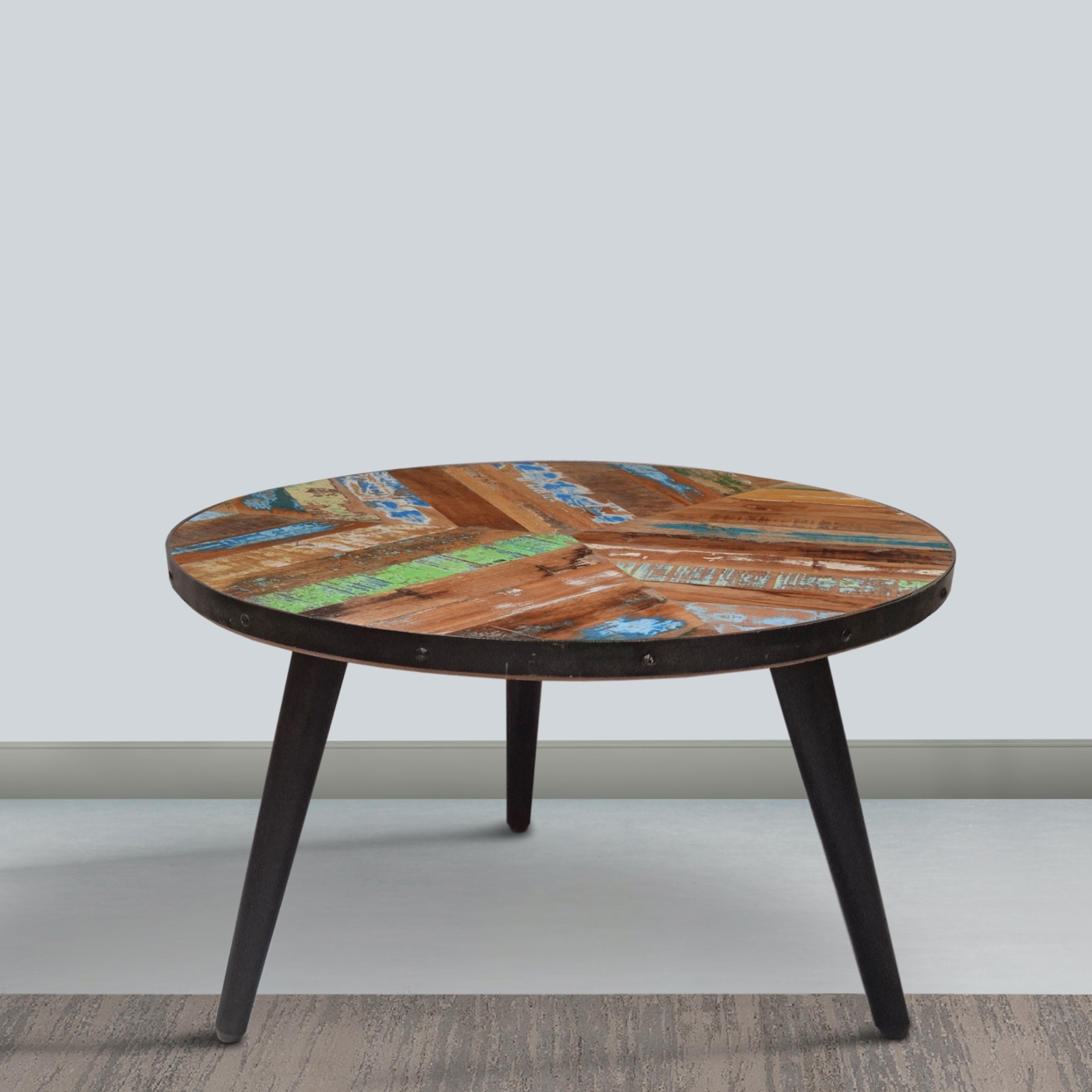 17 Inch Industrial Side Table, Reclaimed Wood, Round Multi Tone Top, Iron Trim, Brown, Black- Saltoro Sherpi