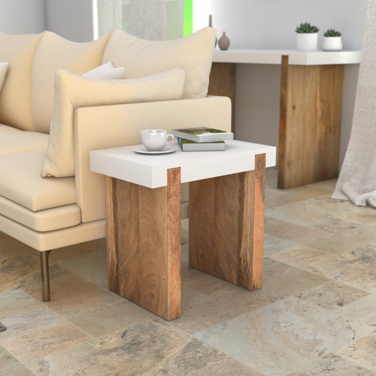 Kerry 20 Inch Rectangular End Side Table, Mango Wood, Sled Base, Glossy White, Natural Brown- Saltoro Sherpi