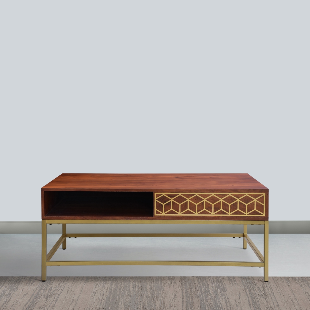 Kalyn 43 Inch Acacia Wood Coffee Table, Geometric Screen Printed Design, 1 Open Compartment, Natural Brown, Brass- Saltoro Sherpi
