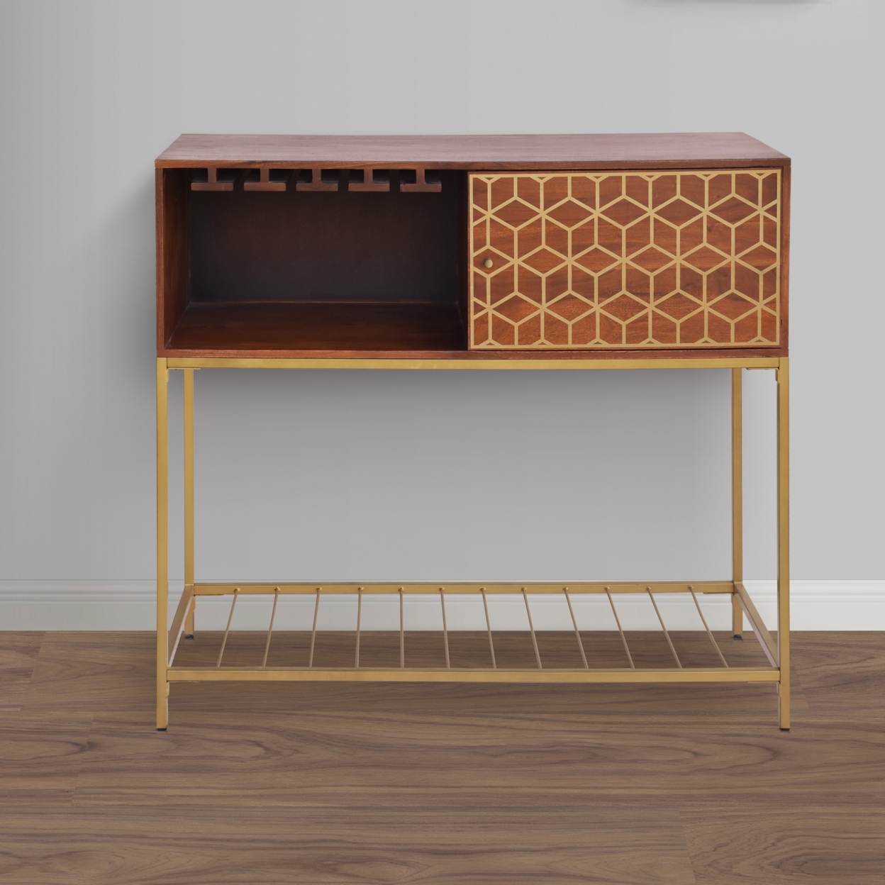 Kalyn 48 Inch Acacia Wood Bar Cabinet, 1 Door, Metal Frame, Geometric Screen Printed Design, Brown, Brass- Saltoro Sherpi