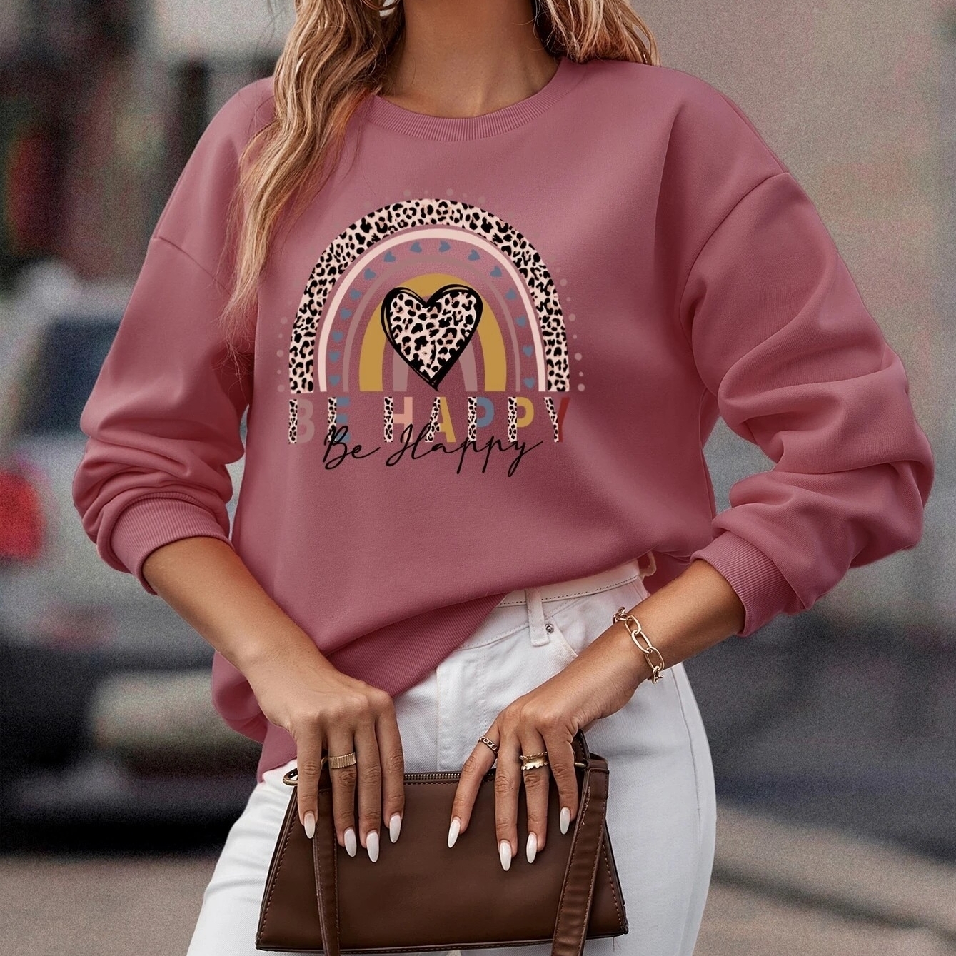 Heart And Slogan Graphic Drop Shoulder Sweatshirt - Dust Pink, Medium(4)