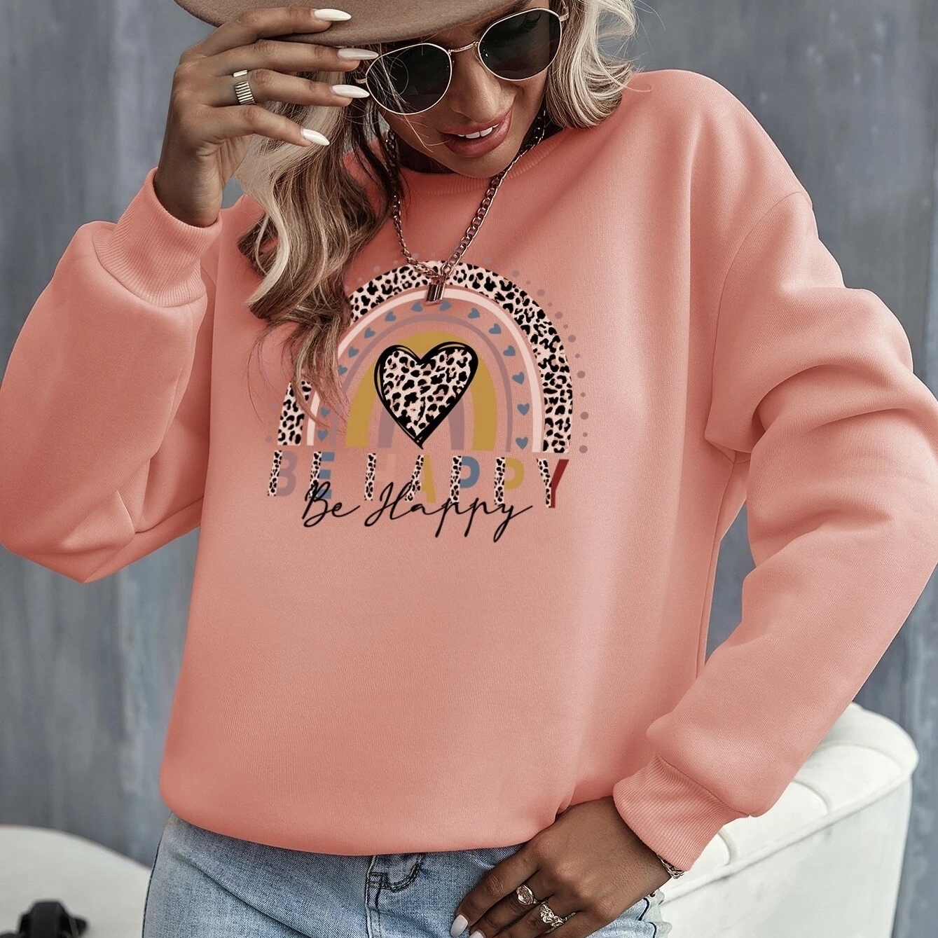 Heart And Slogan Graphic Drop Shoulder Sweatshirt - Baby Pink, Medium(4)