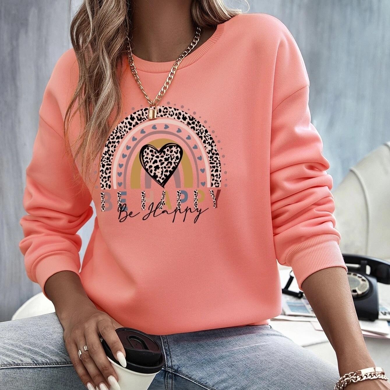 Heart And Slogan Graphic Drop Shoulder Sweatshirt - Coral Pink, Small(2)
