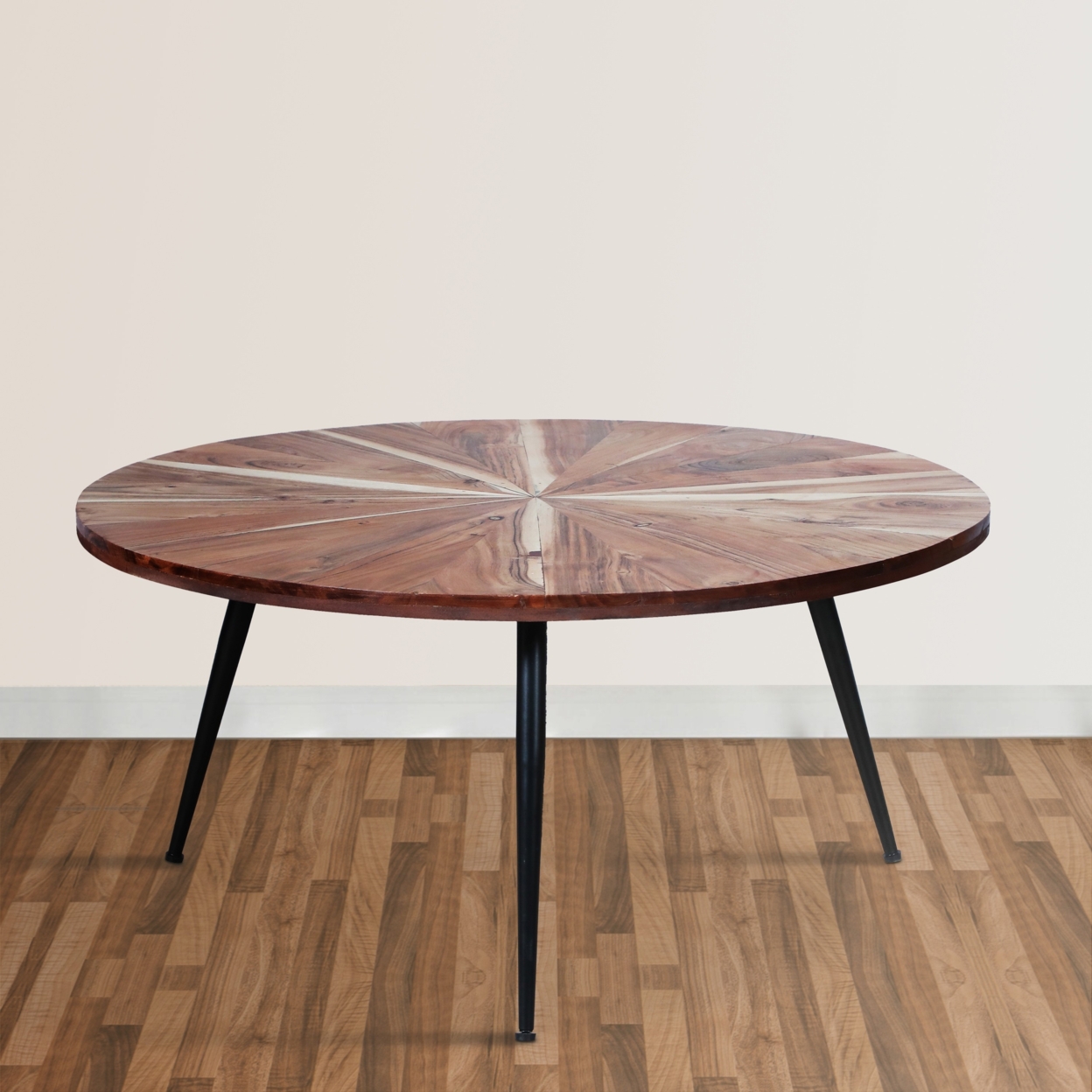 31 Inch Round Mango Wood Coffee Table, Sunburst Design, Tapered Iron Legs, Brown, Black- Saltoro Sherpi