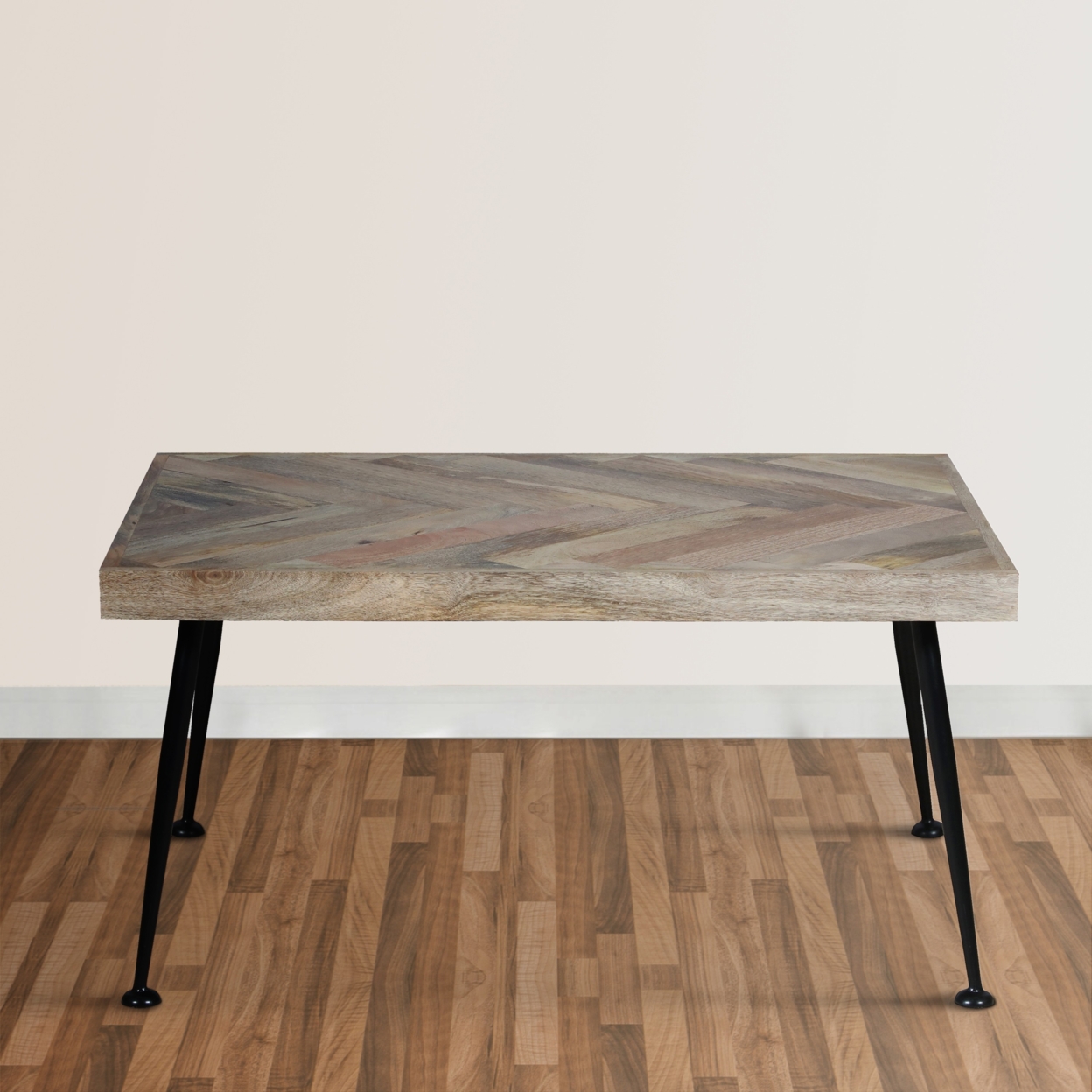 36 Inch Rectangular Mango Wood Coffee Table, Herringbone Design, Iron Legs, Brown, Black- Saltoro Sherpi
