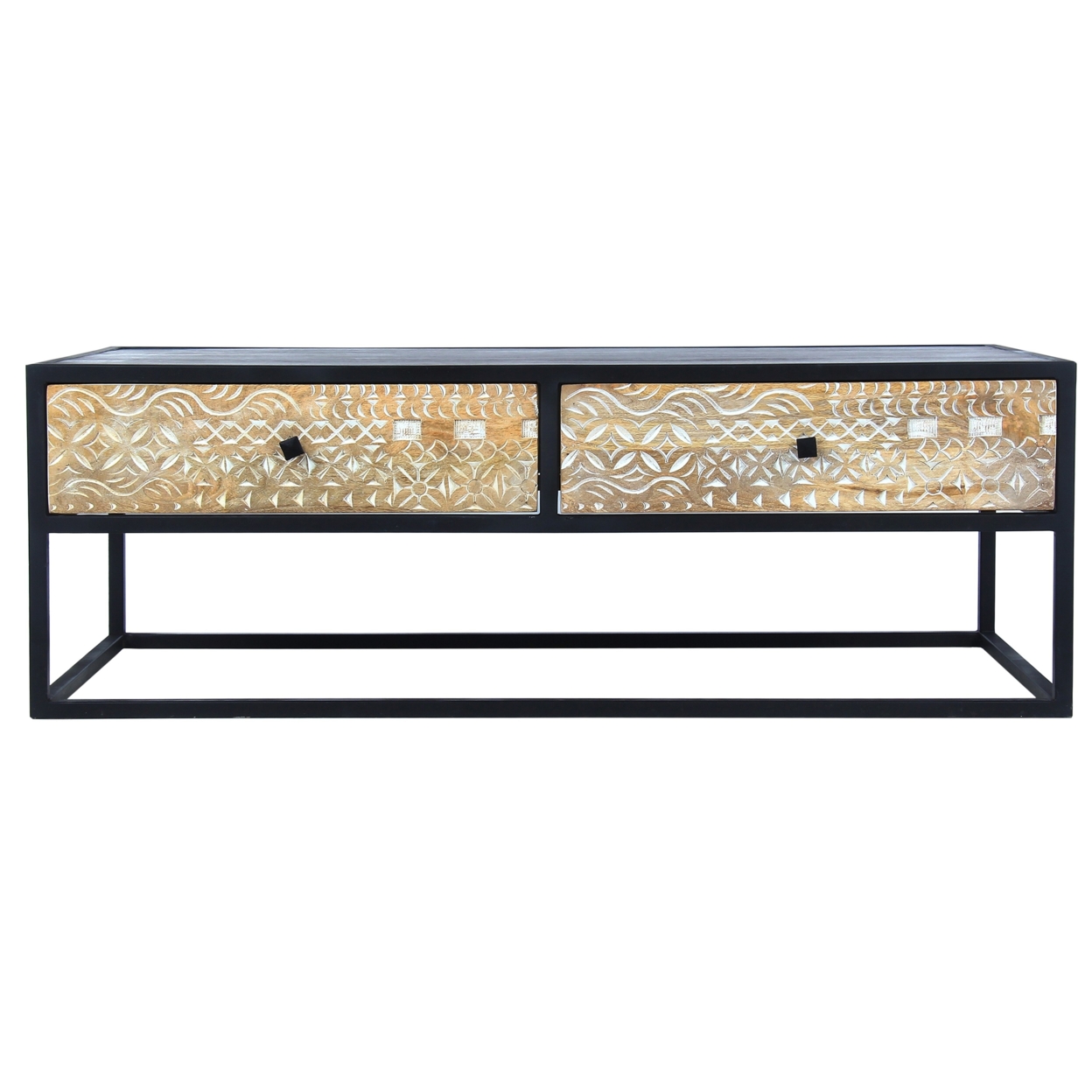 45 Inch Carson Rectangular Mango Wood Coffee Table With Metal Frame And 2 Drawers, Brown And Black- Saltoro Sherpi