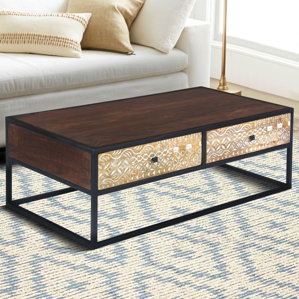 45 Inch Carson Rectangular Mango Wood Coffee Table With Metal Frame And 2 Drawers, Brown And Black- Saltoro Sherpi