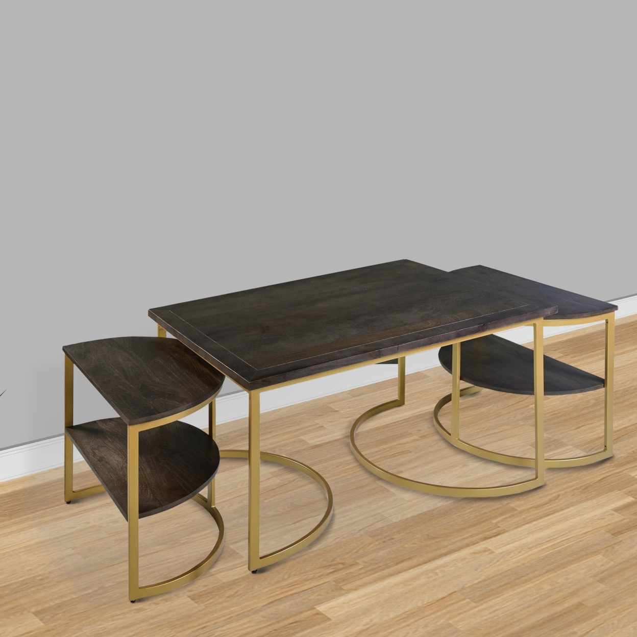 38 Inch Rectangle Metal Nesting Coffee Table - 3 Pcs Set, Dark Brown, Gold- Saltoro Sherpi