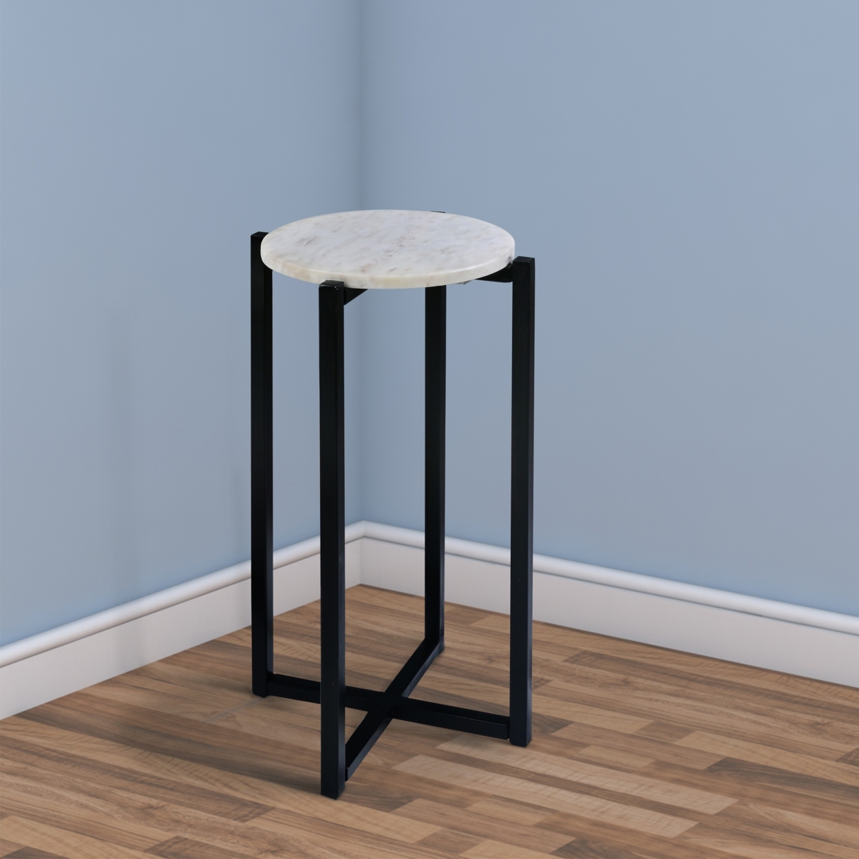 Ivy 24.5 Inch Marble Top Accent Round Side Table With Metal Frame, White And Black- Saltoro Sherpi