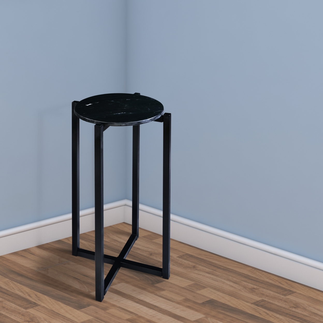 Ivy 24.5 Inch Round Marble Top Accent Side Table With Metal Frame, Black- Saltoro Sherpi