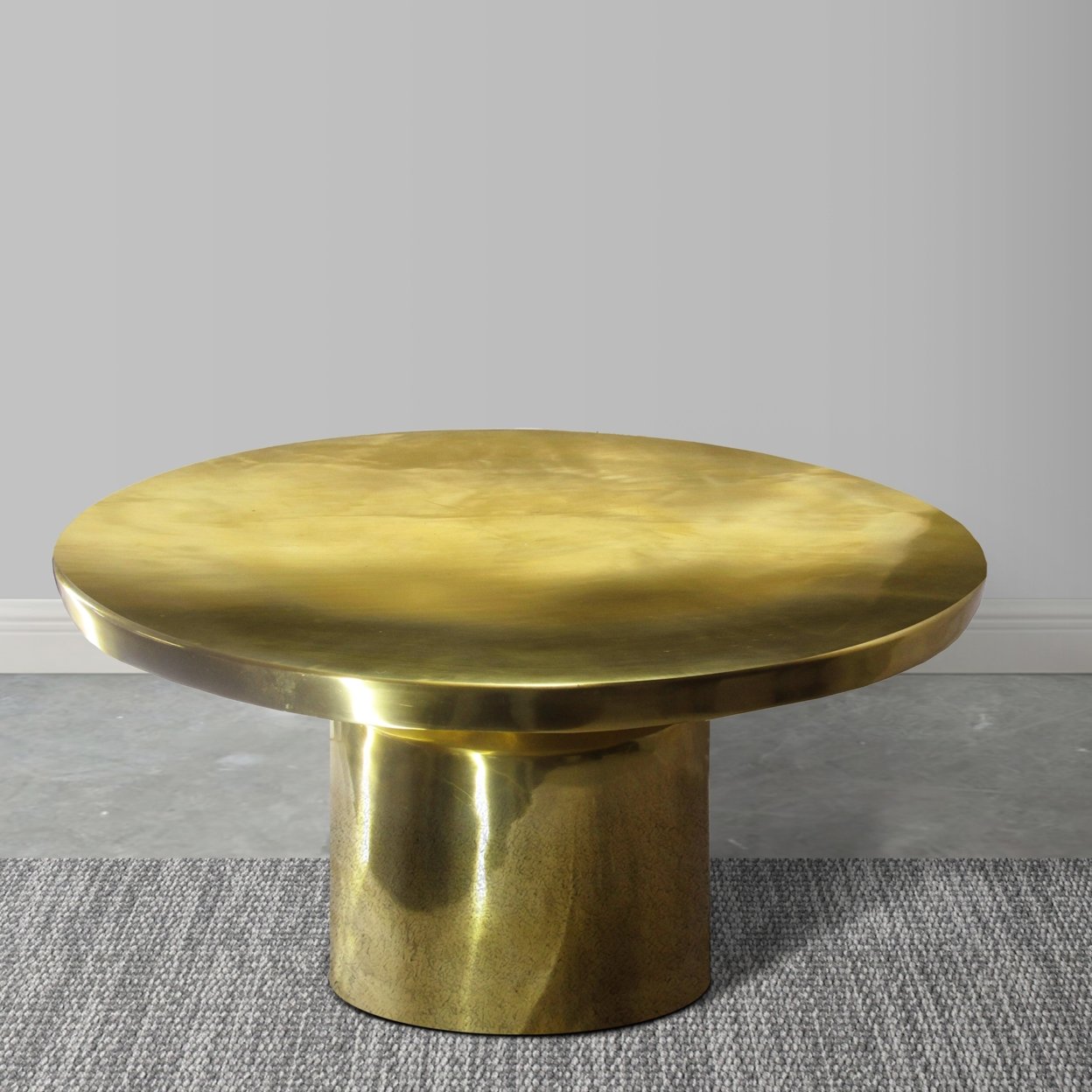 Zoe 30 Inch Modern Classic Round Metal Coffee Table With Pedestal Base, Glossy Gold Brass- Saltoro Sherpi