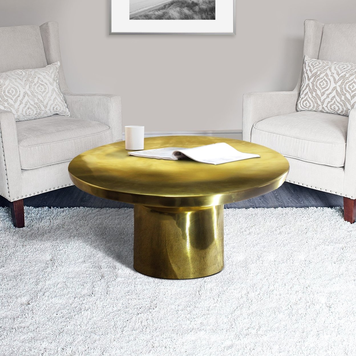 Zoe 30 Inch Modern Classic Round Metal Coffee Table With Pedestal Base, Glossy Gold Brass- Saltoro Sherpi