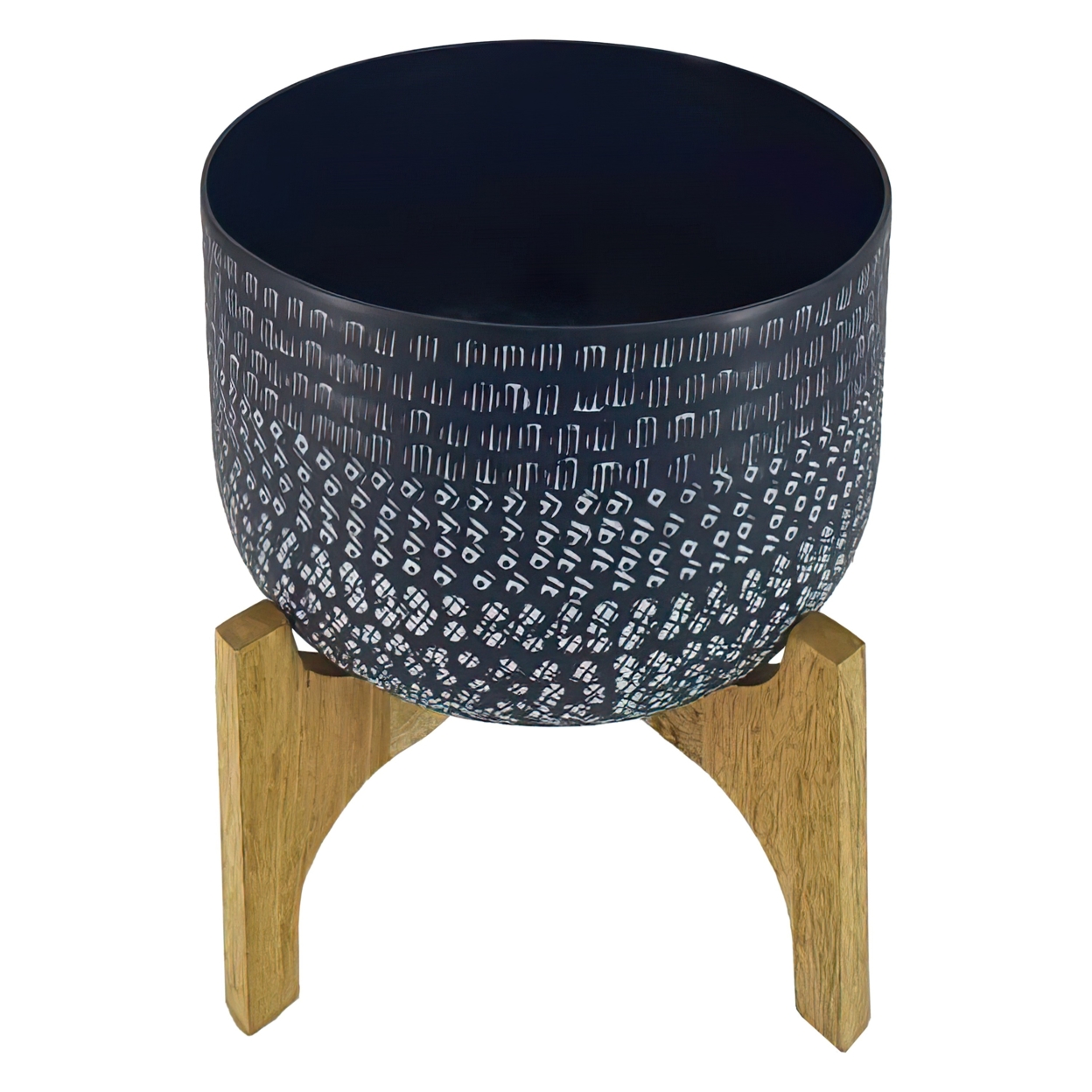Alex 12 Inch Artisanal Industrial Round Hammered Metal Planter Pot With Wood Arch Stand, Midnight Blue- Saltoro Sherpi