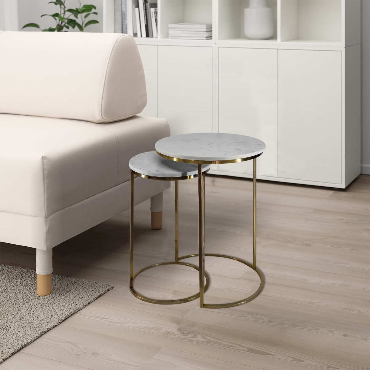 21, 18 Inch Transitional Style Round Marble Top Nesting End Table, Set Of 2, Metal Frame, White, Shiny Brass- Saltoro Sherpi