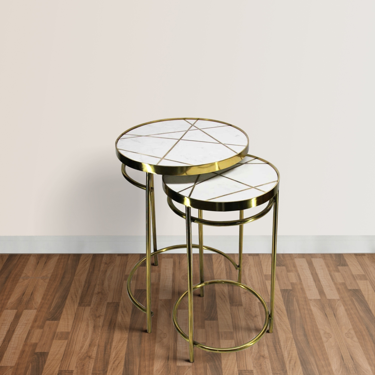 22, 20 Inch Round 2 Piece Marble Top Nesting End Table Set With Metal Frame, Brass Inlay, White- Saltoro Sherpi