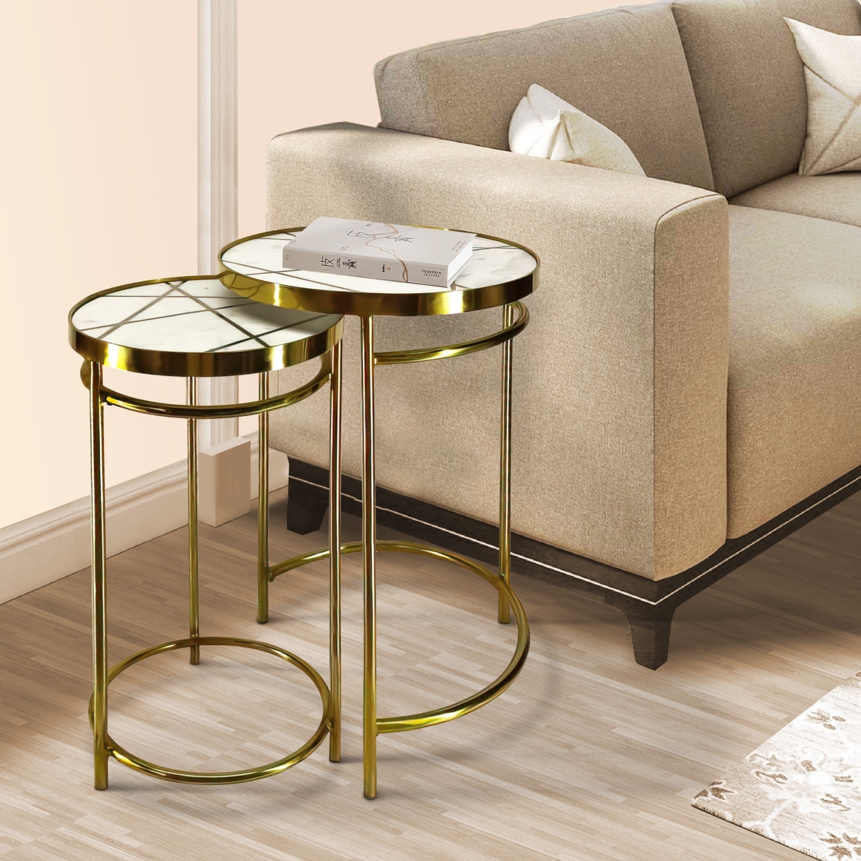 22, 20 Inch Round 2 Piece Marble Top Nesting End Table Set With Metal Frame, Brass Inlay, White- Saltoro Sherpi