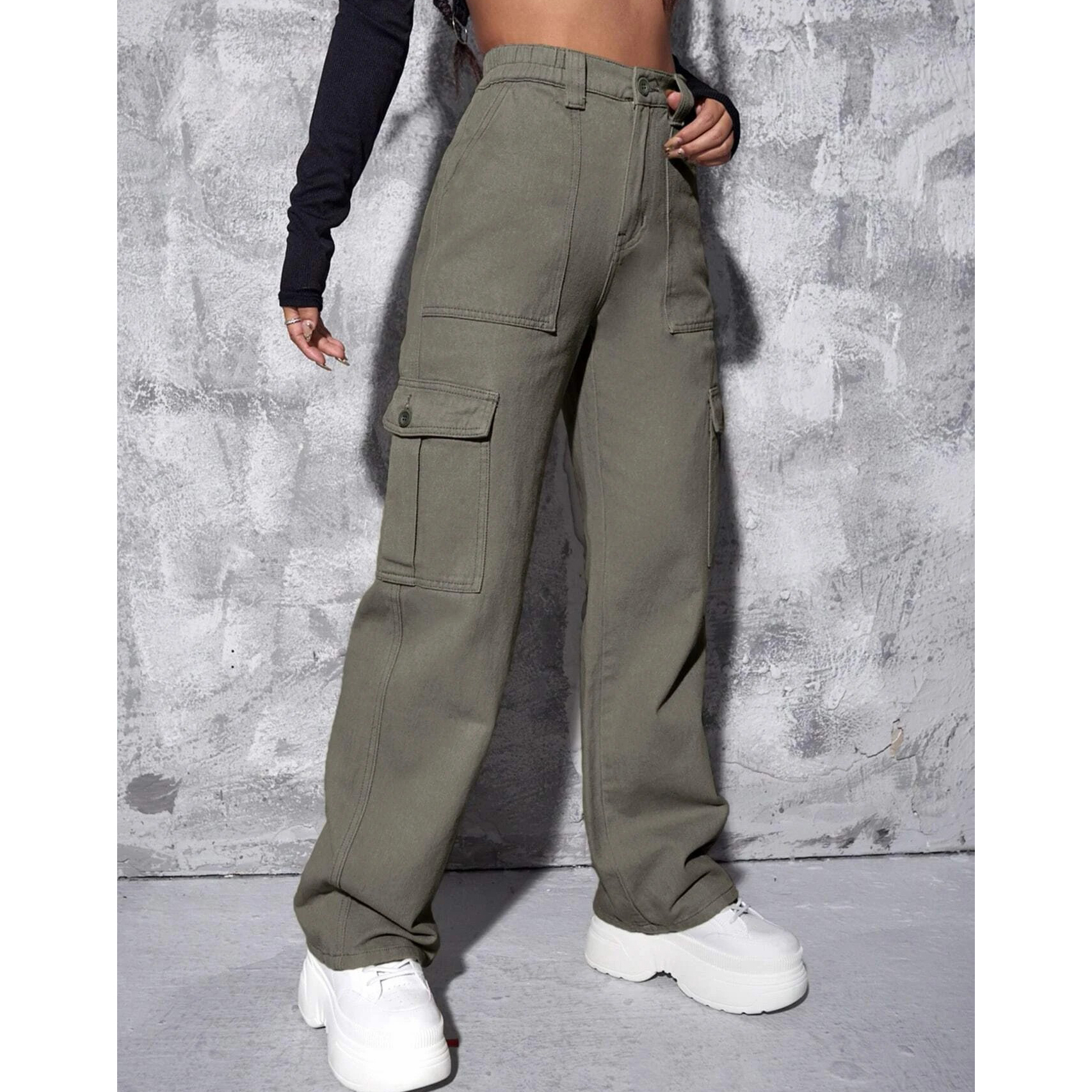 High Waist Flap Pocket Wide Leg Jeans - Army Green, S(4)