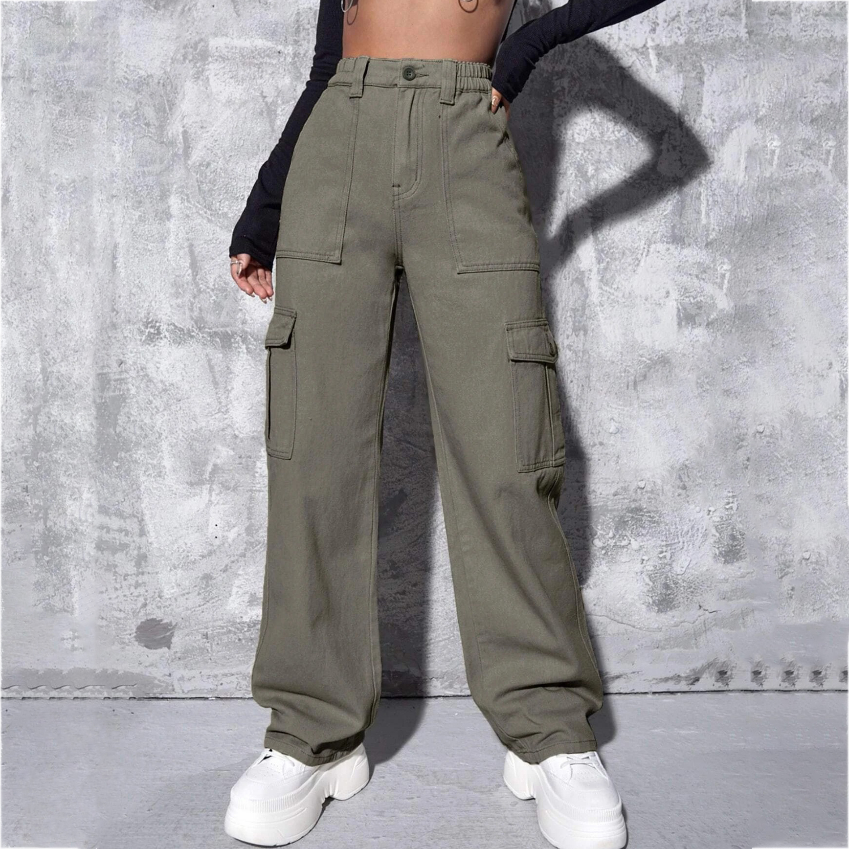 High Waist Flap Pocket Wide Leg Jeans - Army Green, M(6)