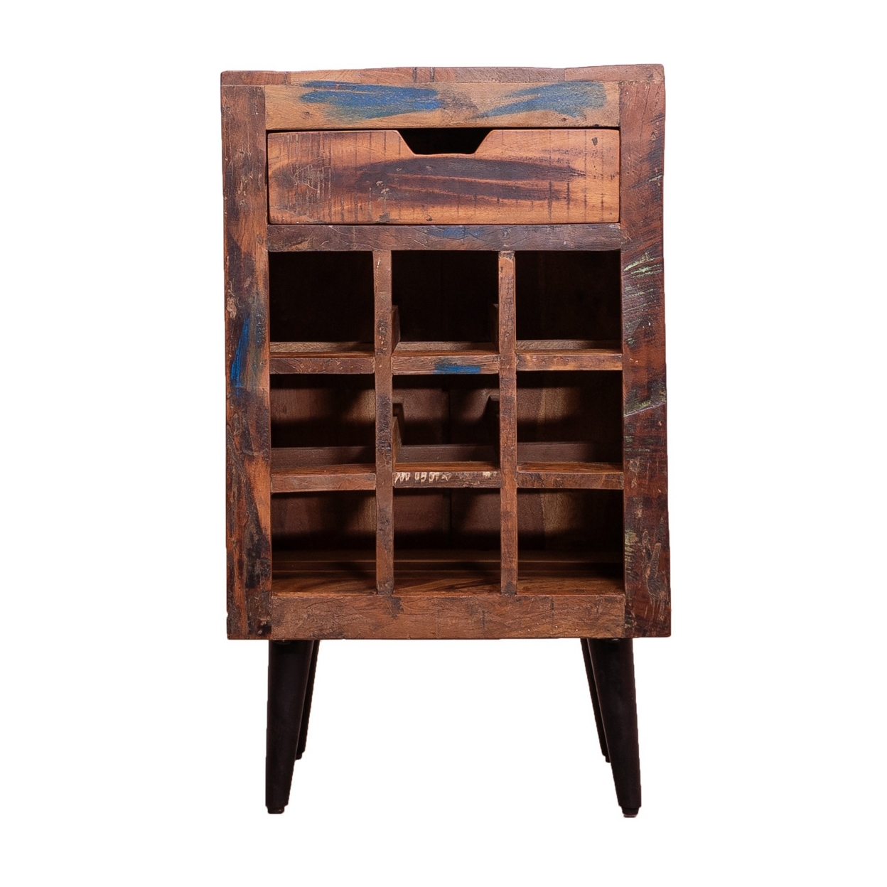9 Bottle Storage Wine Rack Cabinet With 1 Drawer And Angled Metal Legs, Brown- Saltoro Sherpi
