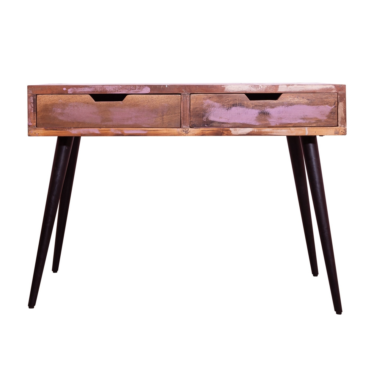 43 Inch 2 Drawer Reclaimed Wood Console Table, Angled Legs, Multi Tone Pastel Accent, Brown, Black- Saltoro Sherpi