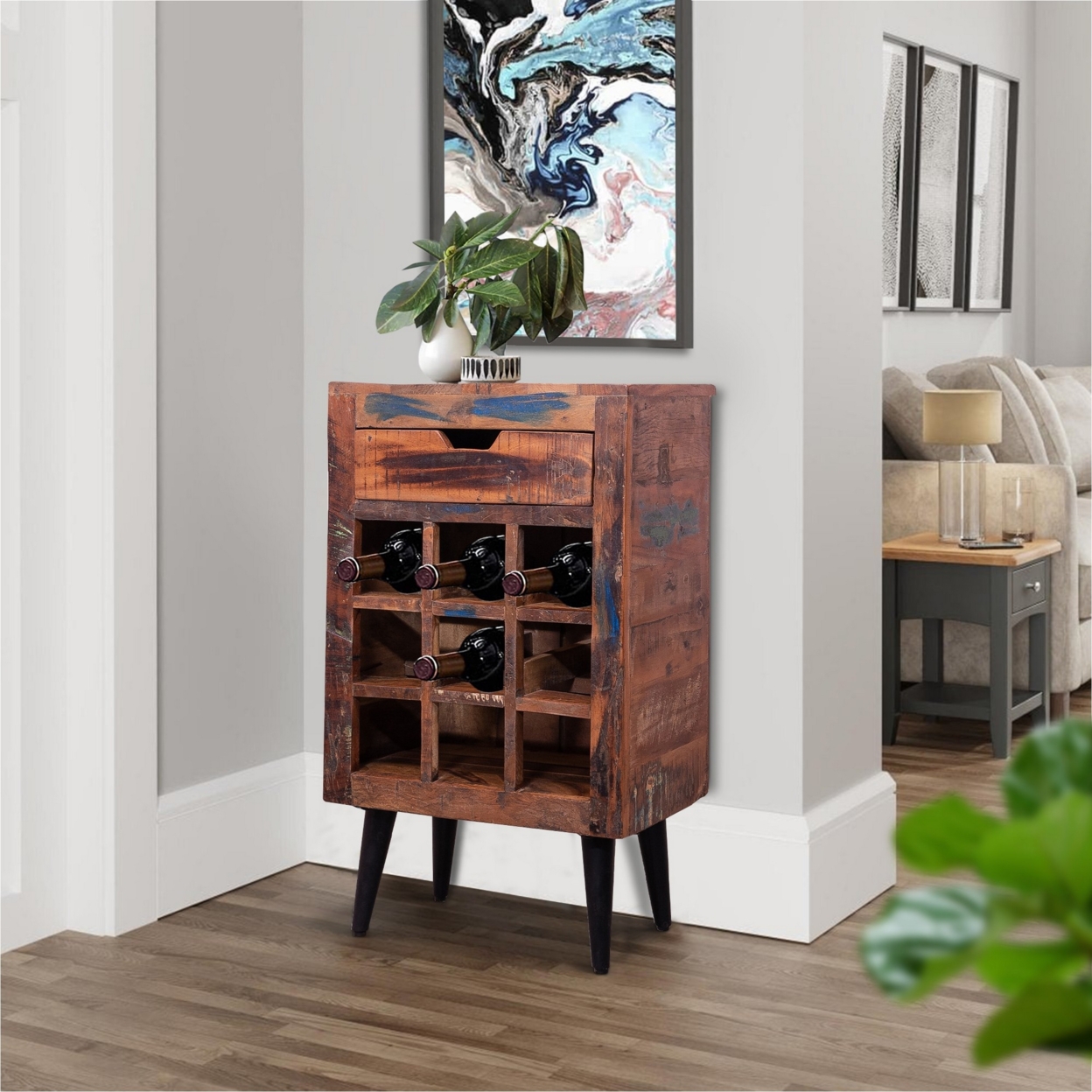 9 Bottle Storage Wine Rack Cabinet With 1 Drawer And Angled Metal Legs, Brown- Saltoro Sherpi