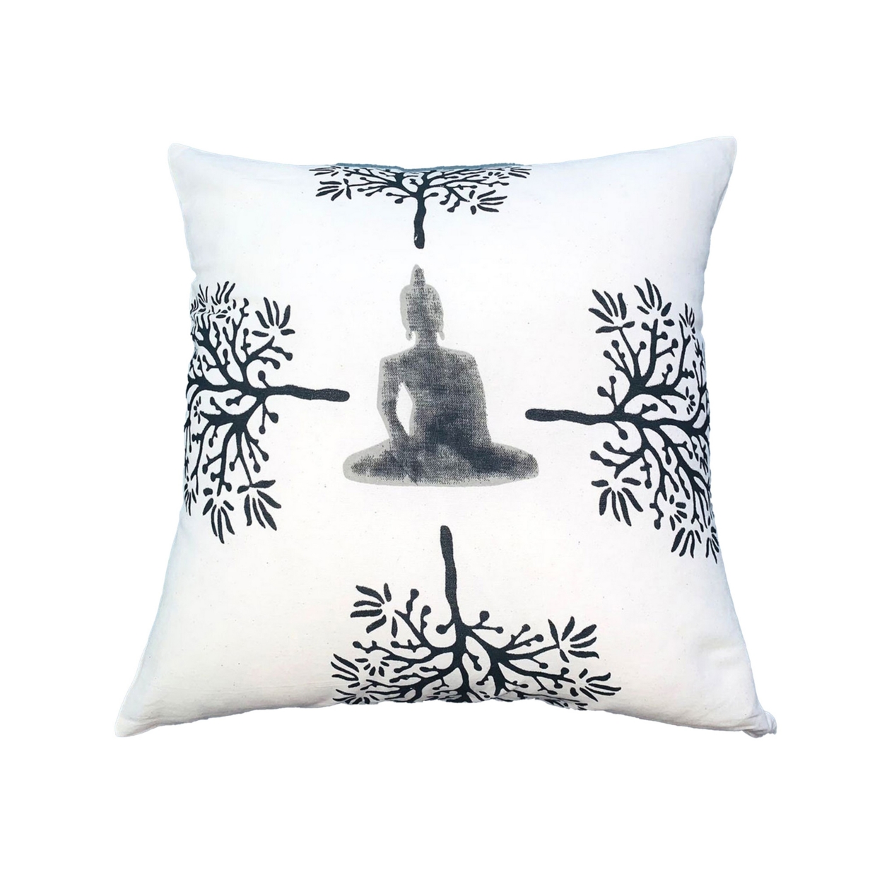 18 X 18 Square Accent Throw Pillow, Meditating Buddha, Soft Polyester Filling, Gray, White- Saltoro Sherpi