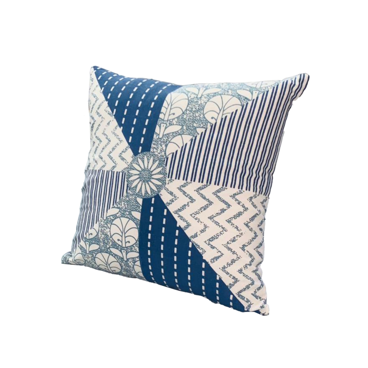 18 X 18 Square Accent Pillow, Geometric Pattern, Soft Cotton Cover, Polyester Filler, Blue, White- Saltoro Sherpi