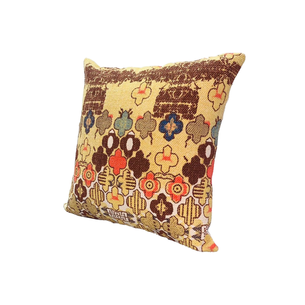 18 X 18 Square Accent Pillow, Printed Unique Quatrefoil Design, Polyester Filler, Brown, Orange, Yellow- Saltoro Sherpi