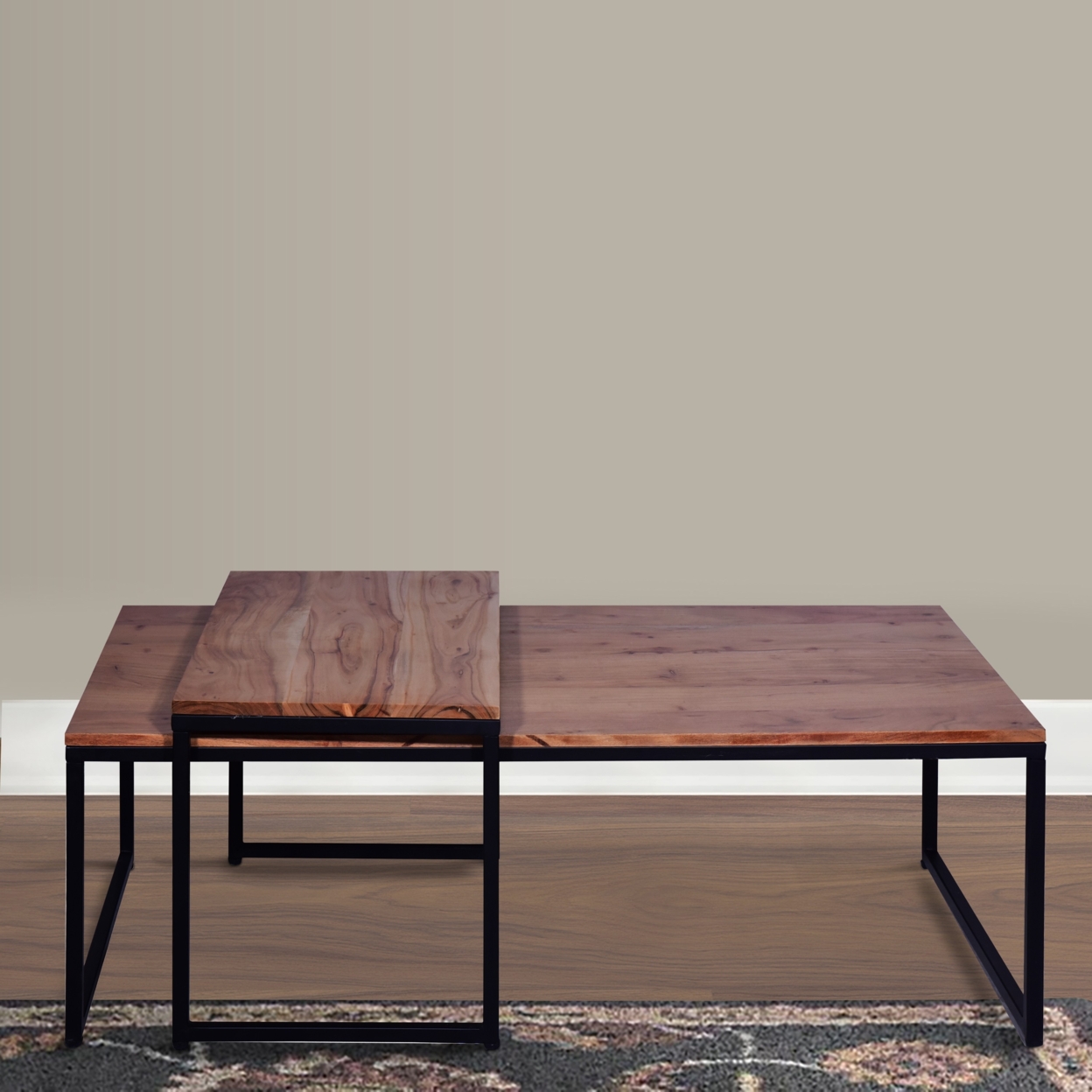 48, 27 Inch 2 Piece Rectangular Wood Nesting Coffee And End Table Set, Sled Metal Base, Brown, Black- Saltoro Sherpi