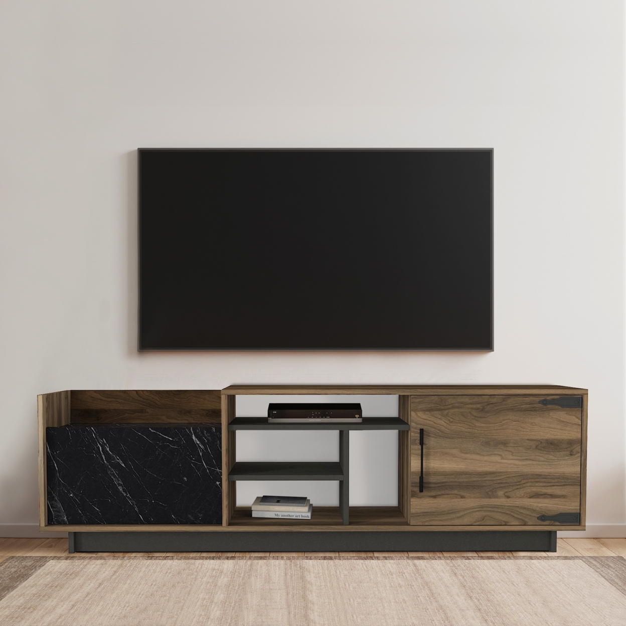 71 Inch Modern Wooden TV Console Cabinet, 2 Doors, 4 Open Compartments, Walnut And Black- Saltoro Sherpi