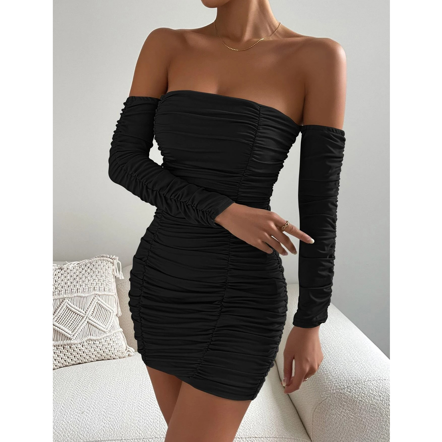 Off Shoulder Ruched Bodycon Dress - Black, X-Small(2)
