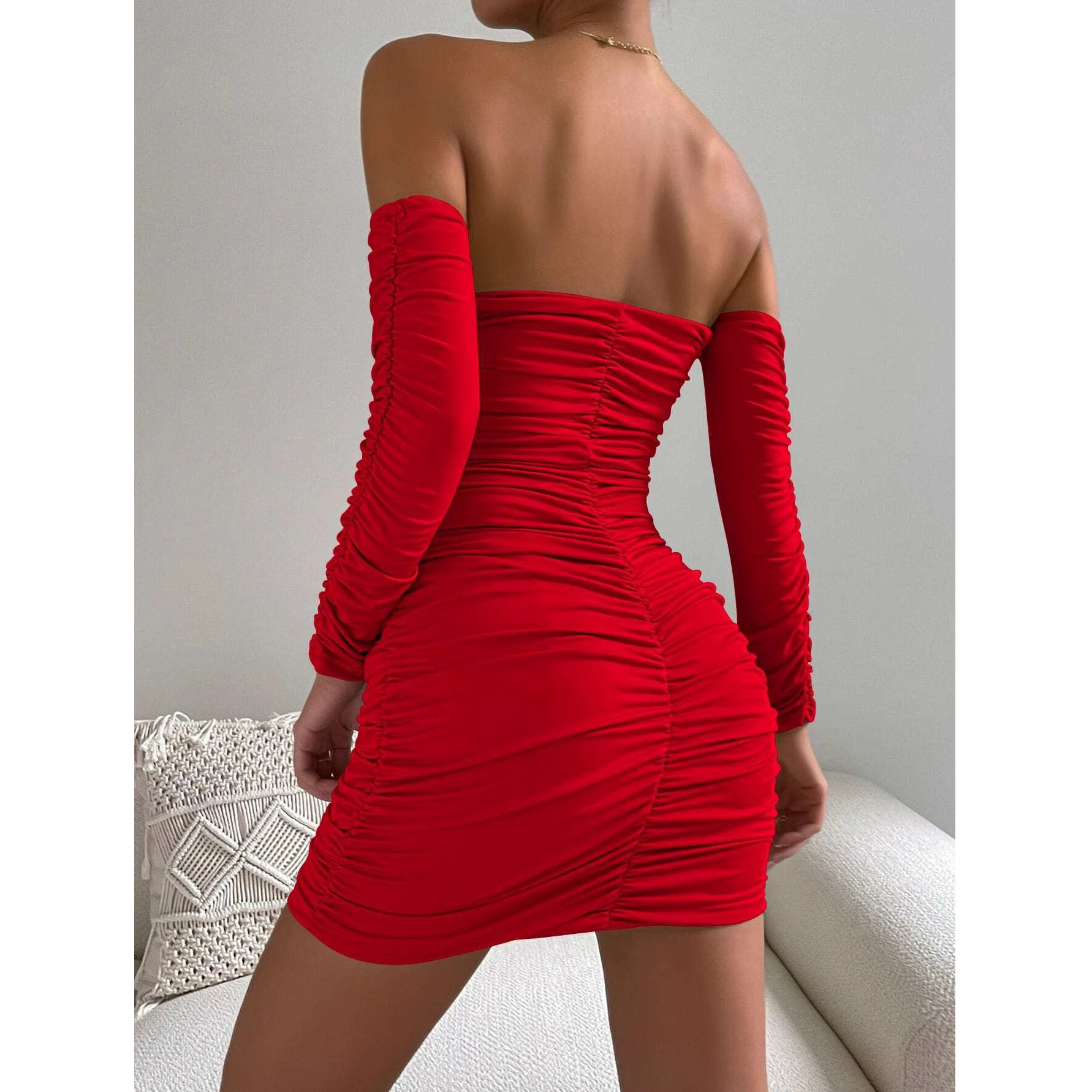 Off Shoulder Ruched Bodycon Dress - Red, X-Small(2)