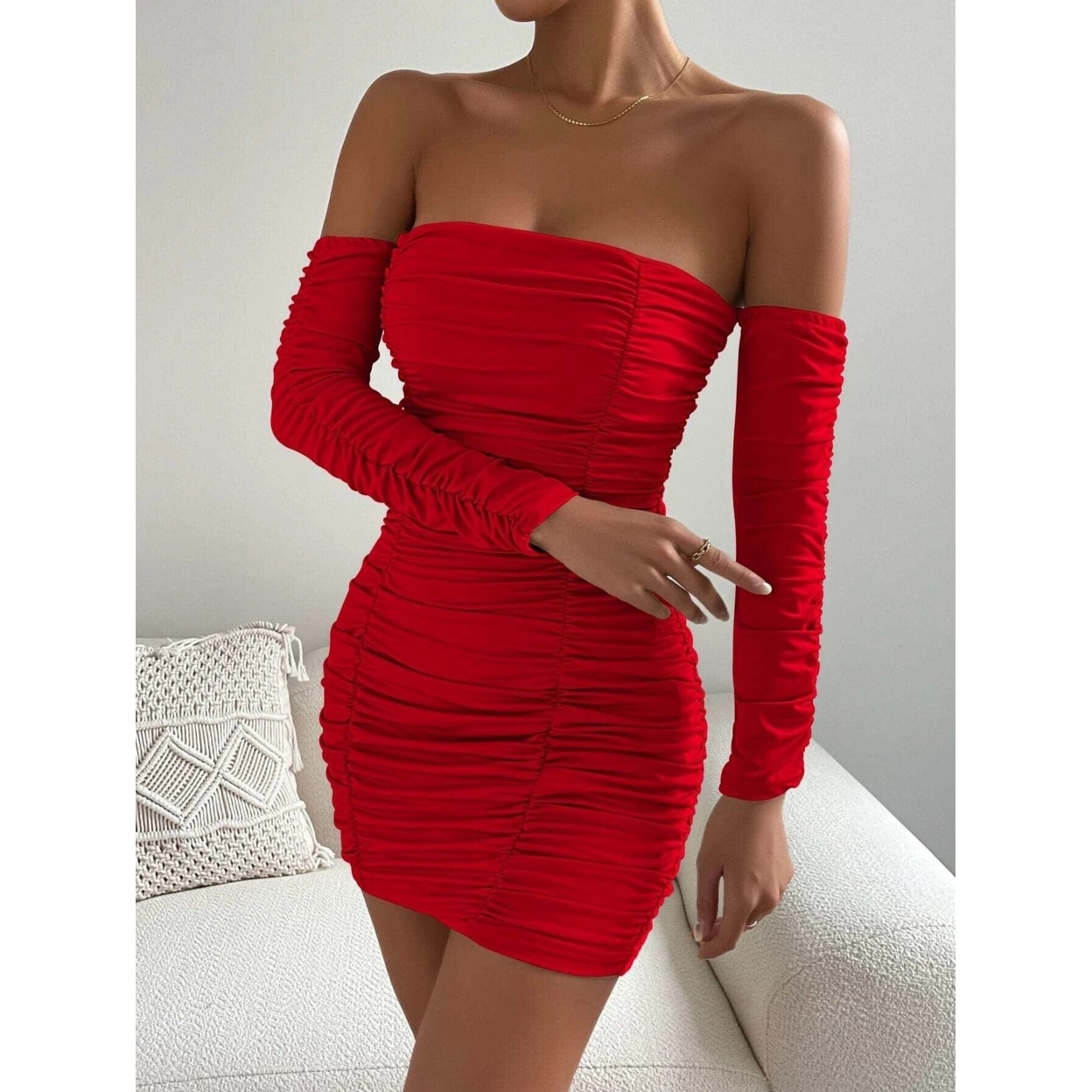 Off Shoulder Ruched Bodycon Dress - Red, Small(4)