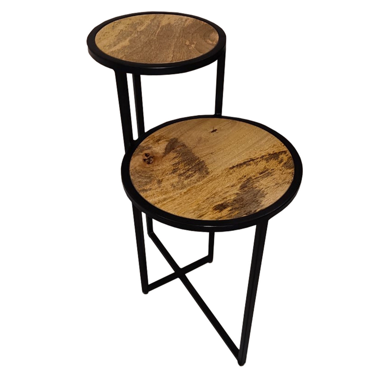 Two Tier Round Wooden Side Table With Metal Frame, Brown And Brass- Saltoro Sherpi