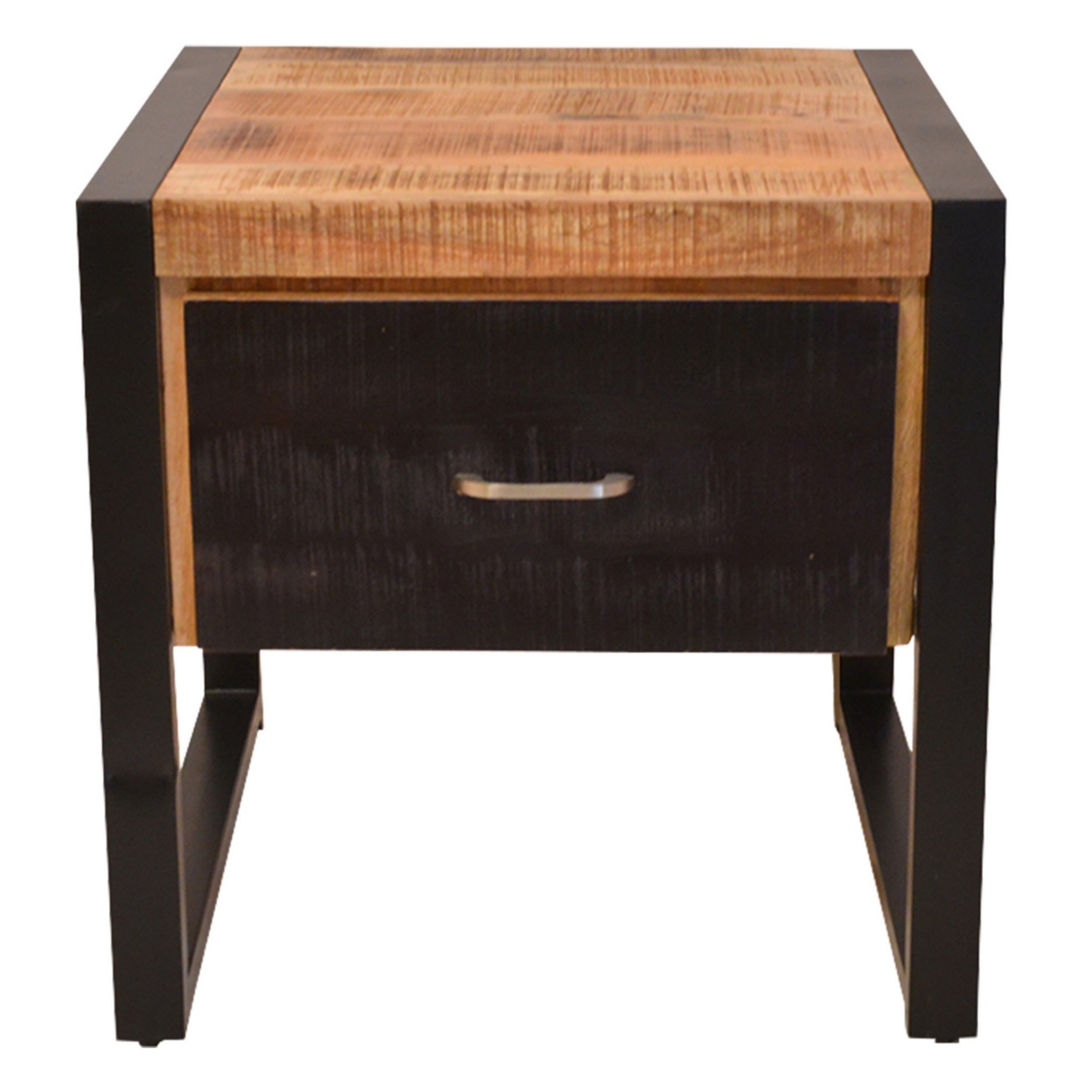 24 Inch Single Drawer Mango Wood Bedside Table, Iron Sled Style Base, Brown, Black- Saltoro Sherpi