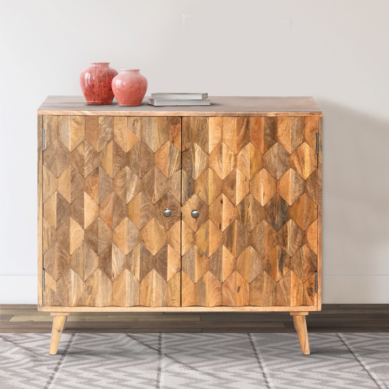 36 Inch Handcrafted Accent Cabinet, 2 Honeycomb Inlaid Doors, Mango Wood, Natural Brown- Saltoro Sherpi